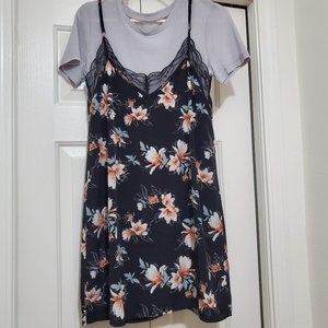 Two-piece black floral lace dress and gray top